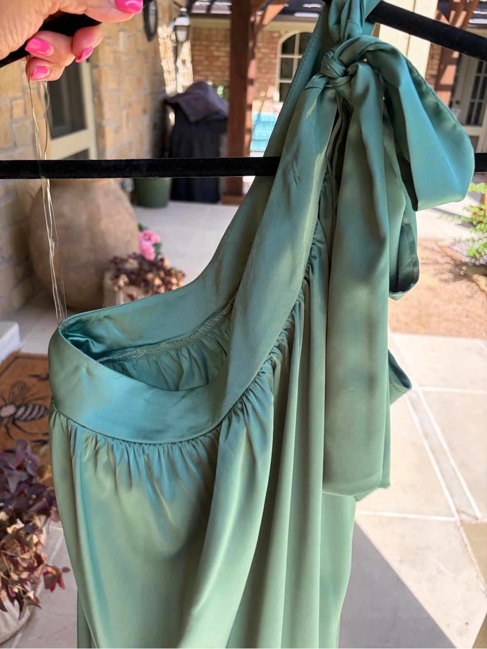 JODIFL Sage Green Satin dress one shoulder with Tie-Strap